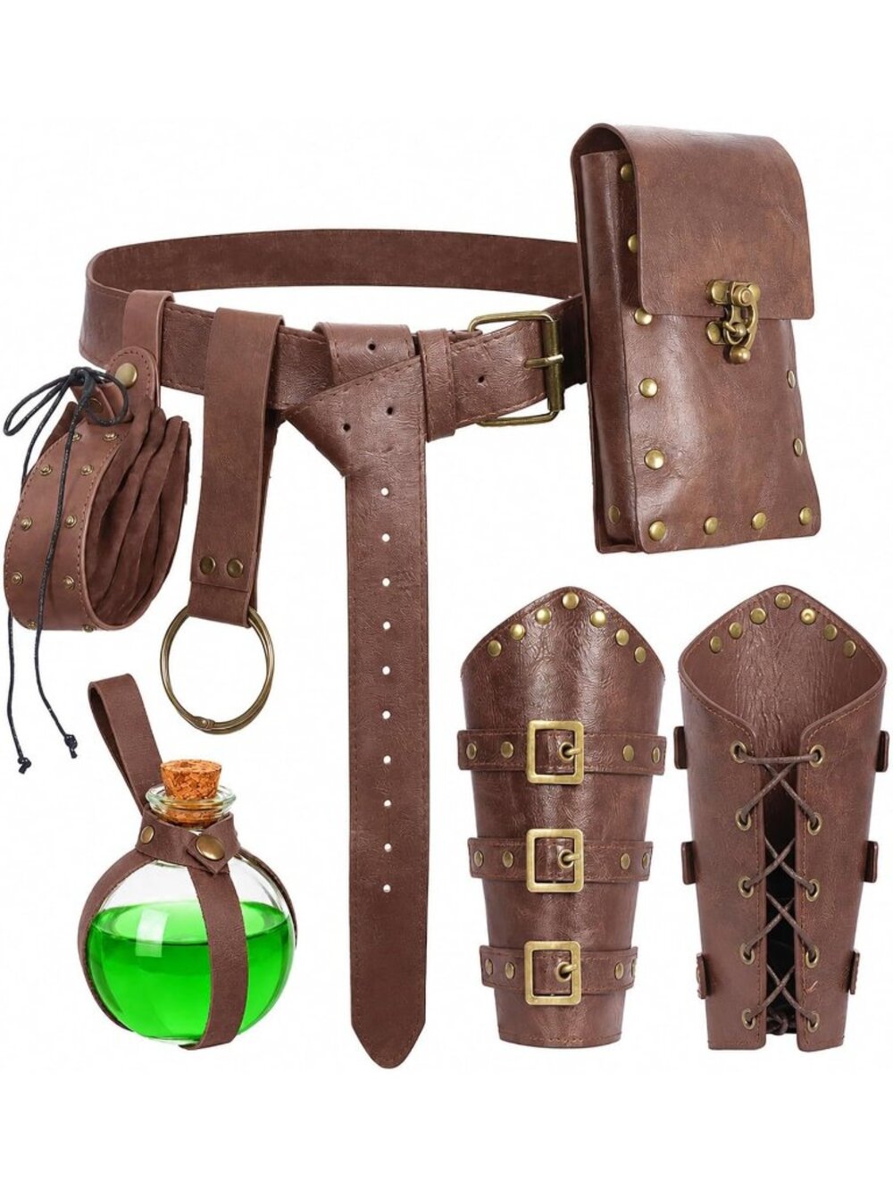 Renaissance Brown Belt Pouch Set Studded Leather Bracers & Drawstring Bag
